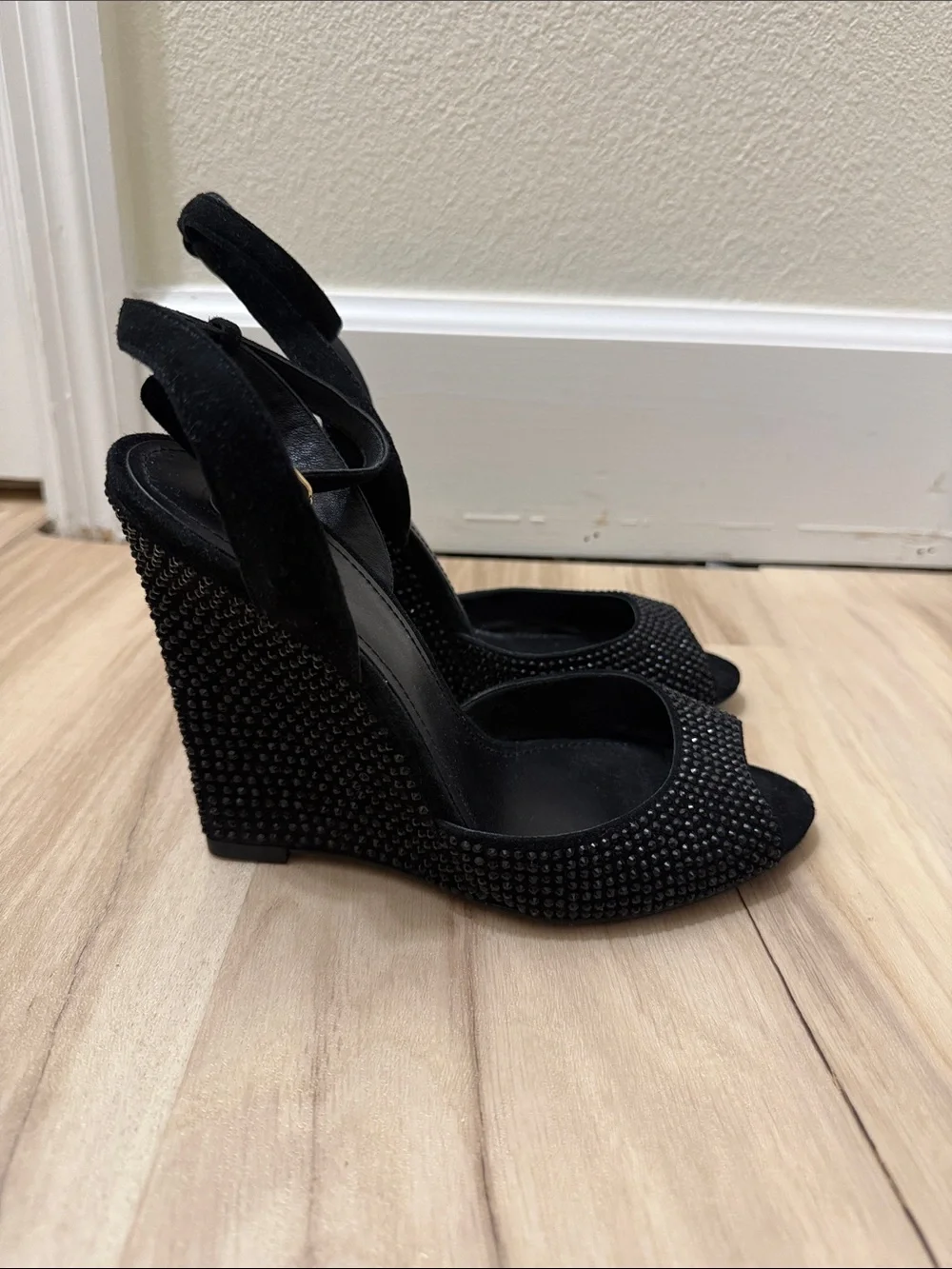 Tory Burch Black Crystal-Studded Wedge Sandals with Ankle Strap